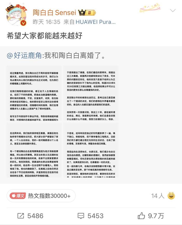 陶白白官宣离婚 图据陶白白微博截图