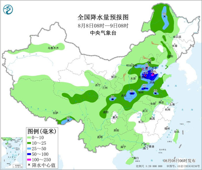图2 全国降水量预报图（8月8日08时-9日08时）