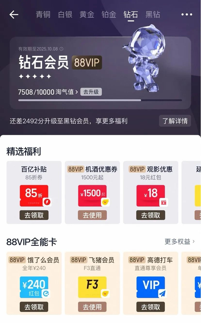 淘宝大会员和88VIP权益在同一页面可领取