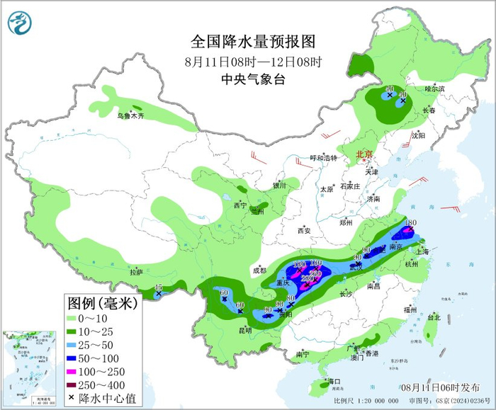 图3 全国降水量预报图（8月11日08时-12日08时）