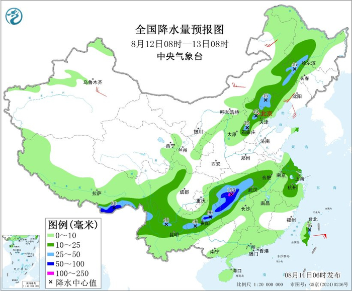 图4 全国降水量预报图（8月12日08时-13日08时）