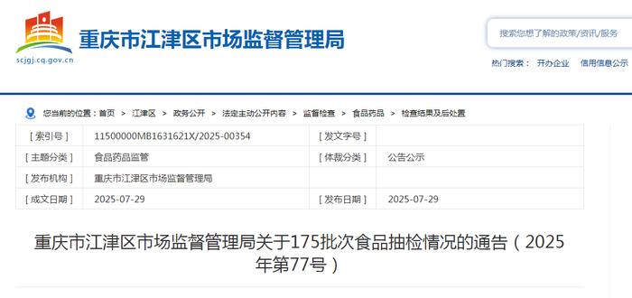 重庆市江津区市场监督管理局关于175批次食品抽检情况的通告（2025年第77号）