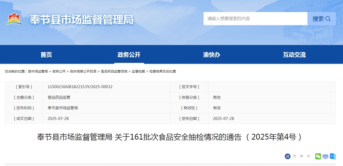 奉节县市场监督管理局关于161批次食品安全抽检情况的通告（2025年第4号）