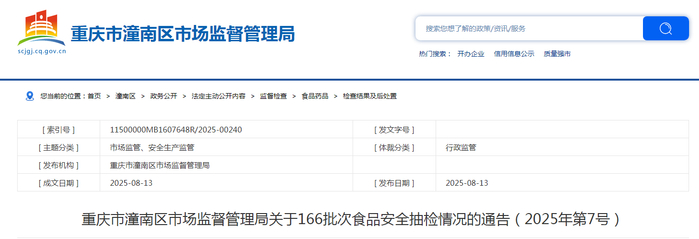 重庆市潼南区市场监督管理局关于166批次食品安全抽检情况的通告（2025年第7号）