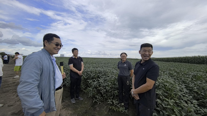 韩天富（左一）、孙磊（左二）、邹文秀（右二）和“全国十佳农民”盖永丰（右一）畅享丰收喜悦