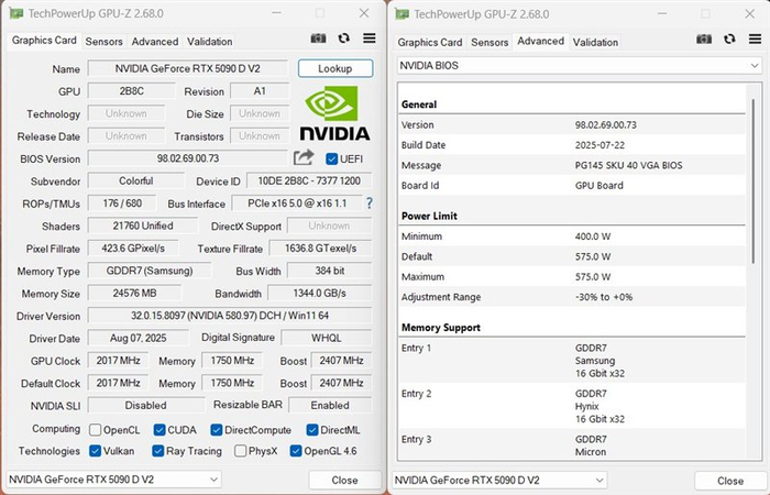iGame GeForce RTX 5090 D v2 Vulcan OC 24GB GPU-Z截图