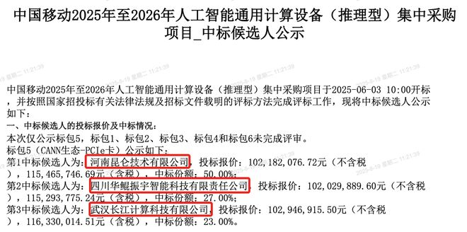 ▲中标候选人公示截图（图源：中国移动采购与招标网）