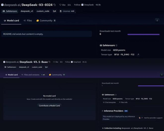 ▲上方为DeepSeek-V3-0324开源网页，下方为DeepSeek-V3.1-Base开源网页