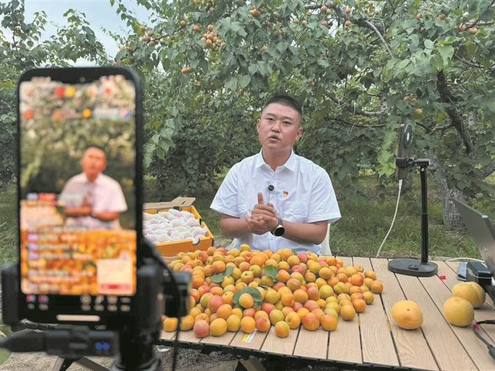     8月20日，在六十一团七连的一家果园内，王伟胜对着手机屏幕向网友介绍鲜果。王东 宋世豪 摄