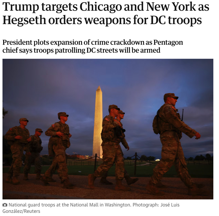 △《卫报》报道，特朗普表示不排除宣布进入国家紧急状态的可能，并点名芝加哥和纽约“一片混乱”，表示芝加哥是下一个目标。