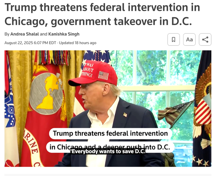 △路透社报道，特朗普称，支持者希望他干预芝加哥治安问题。