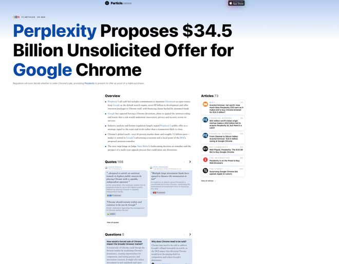 图：Particle的界面，每篇文章会有总结划重点，并对一个事件呈现全方位的报道