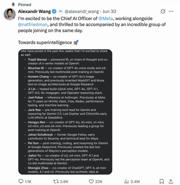 Alexandr Wang 公布的 Meta 超级智能实验室人才|图片来源:X