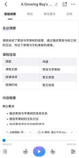 图 | 笔者使用AI总结分析功能解读《男孩和苹果树》的英文故事