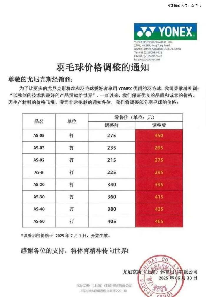 尤尼克斯发布的调价公告中,明确提到了原材料价格上涨的影响。(图/尤尼克斯)