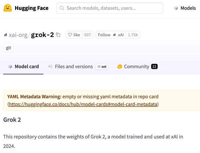 ▲Grok 2 Hugging Face主页（来源：Hugging Face）