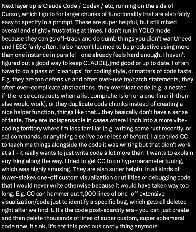 ▲卡帕西使用独立AI编程工具的推文描述