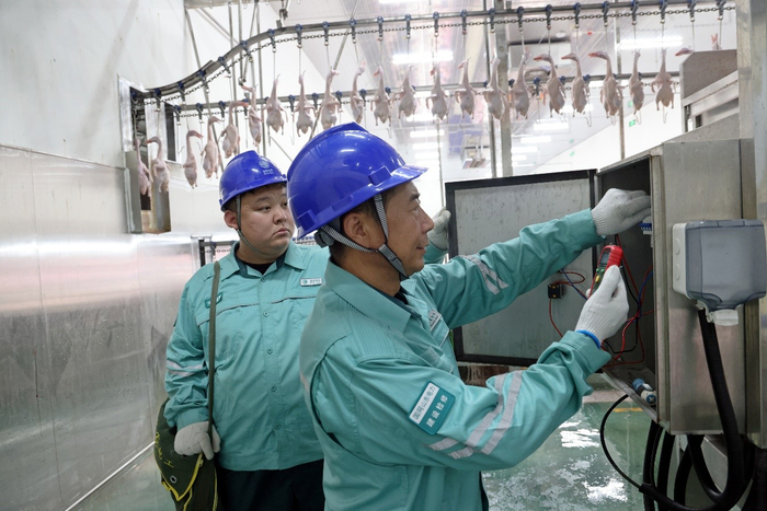 图说：国网沂南县供电公司员工到华鸭食品厂进行安全隐患排查，为企业安全生产保驾护航 来源：国网沂南县供电公司供图