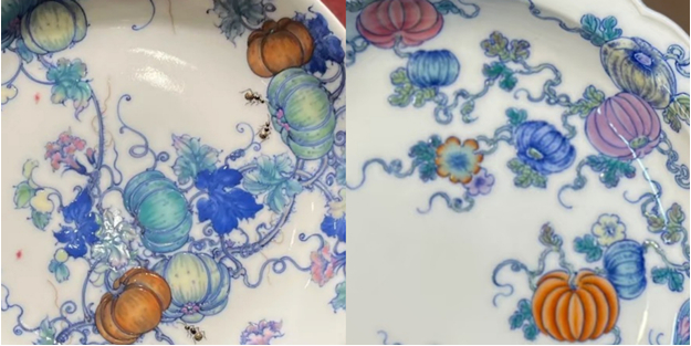 左图为六逸堂真品 右图为市场仿品