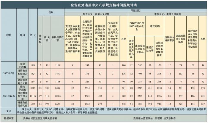2025年7月全省查处违反中央八项规定精神问题统计指标表