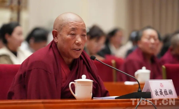 图为拉萨市仓姑寺寺管会副主任次成拉姆发言
