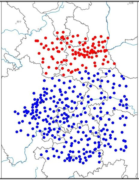 　　华西秋雨监测站点空间分布图（红点代表北区，蓝点代表南区）