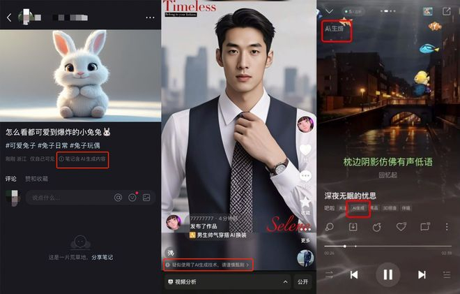 ▲小红书（左）、抖音（中）及QQ音乐（右）中的AI生成内容标识