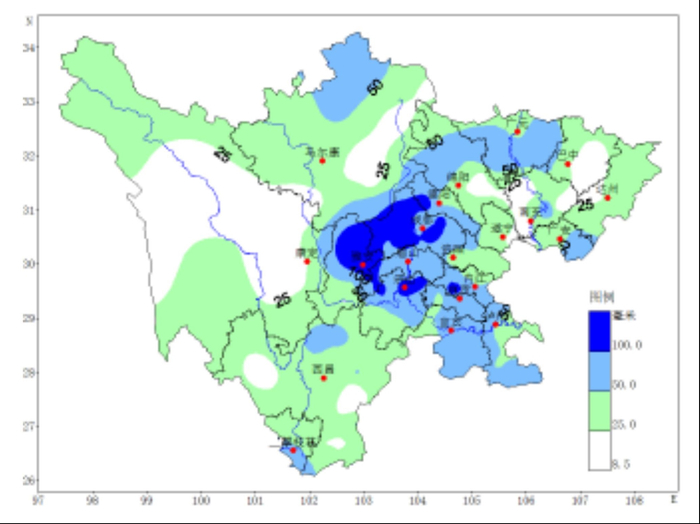 2025年8月四川省暴雨过程日最大雨量分布图