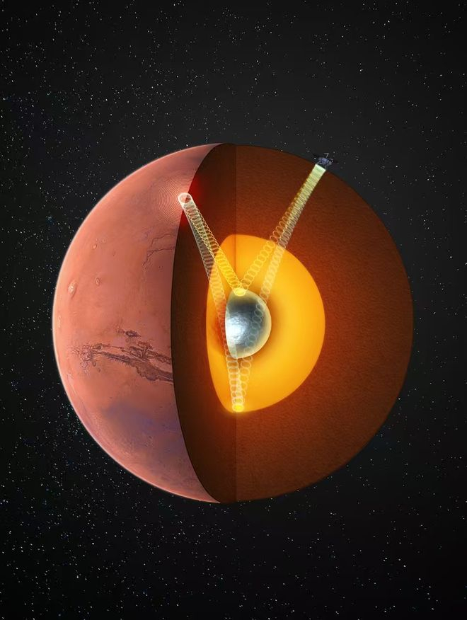 ▲ 火星深部结构示意图。白灰色区域为研究中利用洞察号数据检测发现的固态内核