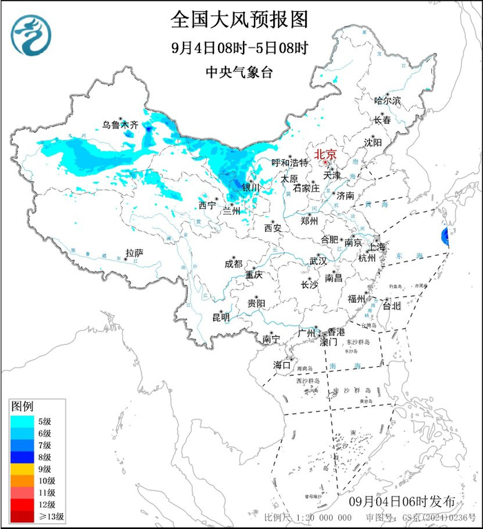 图1 全国大风预报图（9月4日08时-5日08时）