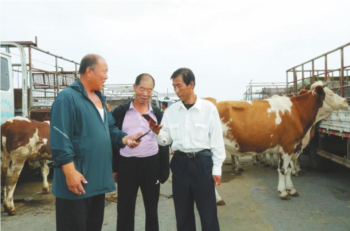在铁岭市昌图县亮中桥镇的北方黄牛交易市场，交易双方在市场管理员（中）的见证下通过手机扫码完成付款。  本报记者 曲宏 摄