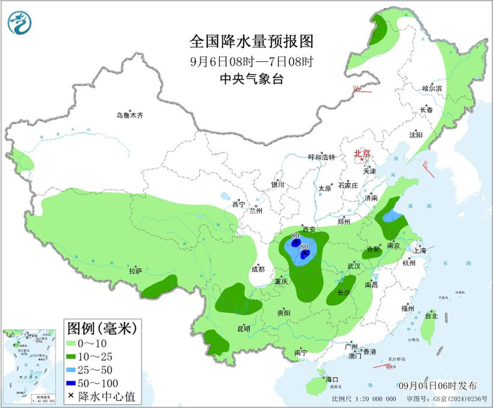 图4 全国降水量预报图（9月6日08时-7日08时）