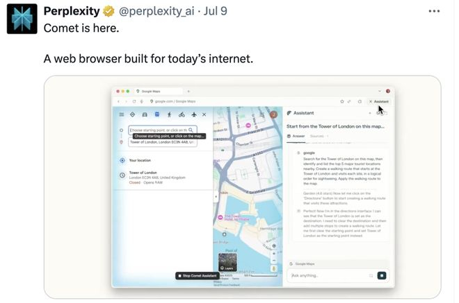Perplexity 也在推 AI 浏览器｜ 图片来源：X