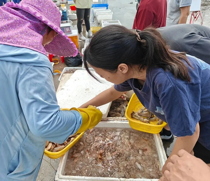 市民在东平渔港码头选购海鲜。