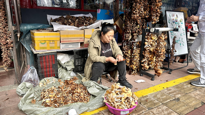 商户正在处理刚采摘的菌菇（央广网记者  张瀚予  摄）
