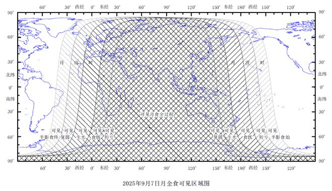 △ 2025年9月7日月全食见食区域图（来源：紫金山天文台）