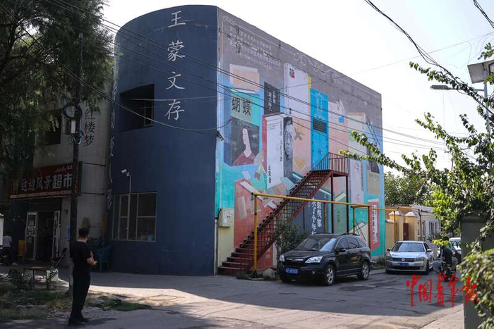 9月8日，新疆伊宁巴彦岱镇巴彦岱村，村中的建筑涂装成王蒙文学作品封面的图案。中青报·中青网记者 曲俊燕/摄