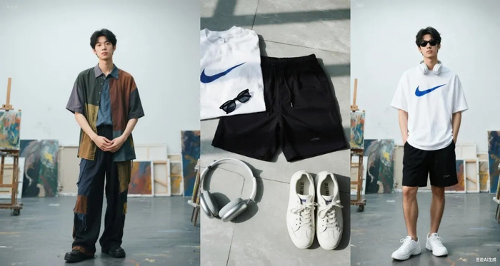 提示词:给图 1 模特穿上图 2 的穿搭。