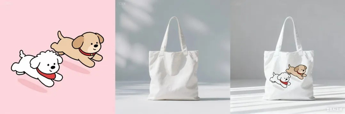 提示词:图 2 帆布包上印着图 1 形象