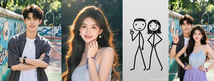 提示词:将图1男子和图2女子合进一张画面,参考图3姿势。