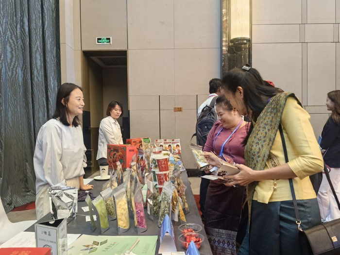   9月8日，与会嘉宾在第三届中国（亳州）—RCEP中医药行业合作会议现场了解中医药产品。新华社记者 汪海月 摄