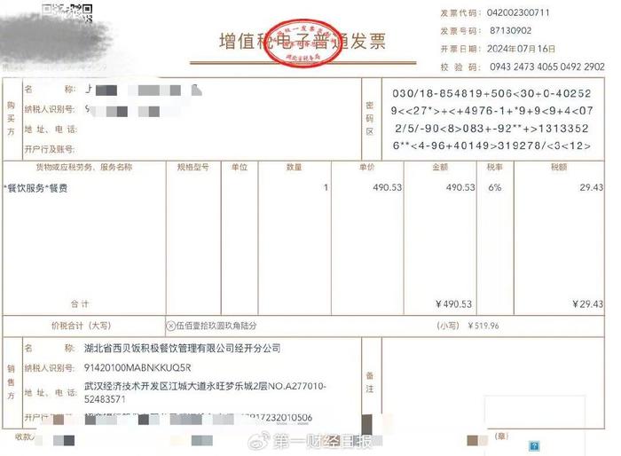 图为西贝提供给消费者的增值税发票