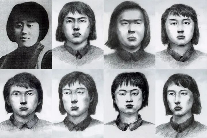 “八女投江”八名女战士的肖像拼版照片：左上为冷云生前照片；其他七名女战士为速写画像，生前未留下照片。新华社发