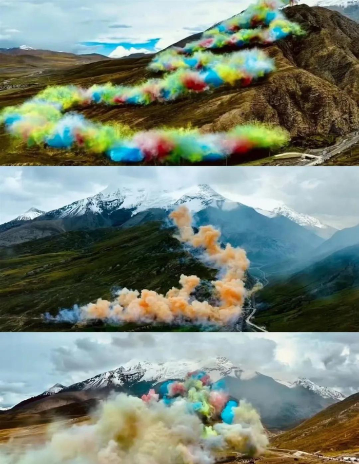 △现场视频显示，蔡国强通过火药爆破在山脊点燃三幕烟花，形成“升龙”动态景观。