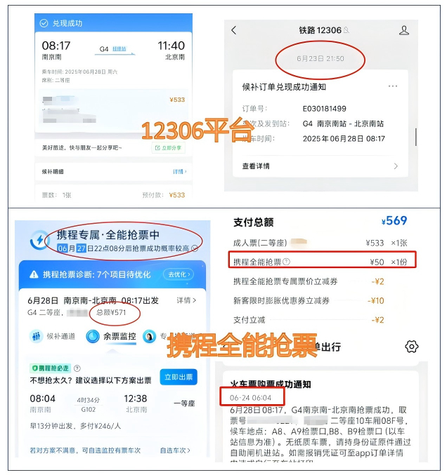 图/携程全能抢票与12306官方候补结果对比