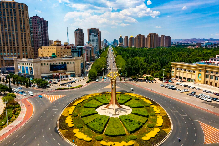 位于包頭市中心的“三鹿騰飛”雕塑，小麗花在雕塑周?chē)鸂N爛綻放。李強(qiáng) 攝