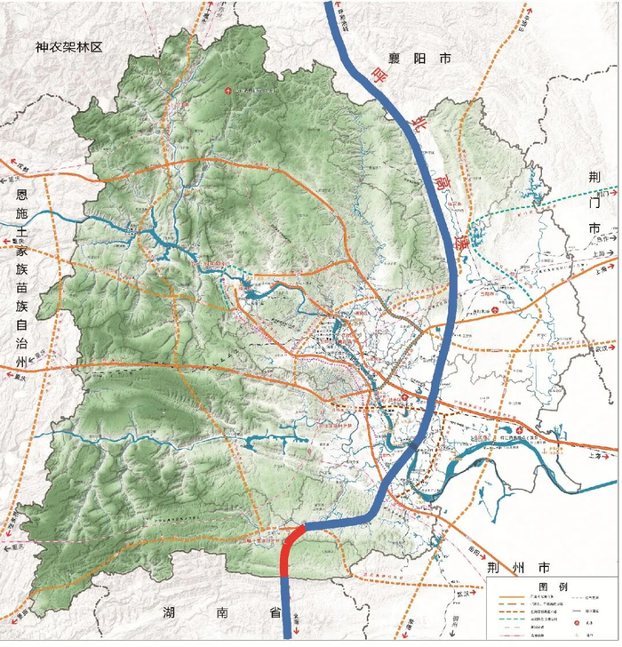 图为G59呼北高速宜昌境内路线走向图，标红部分为鄂湘界段。