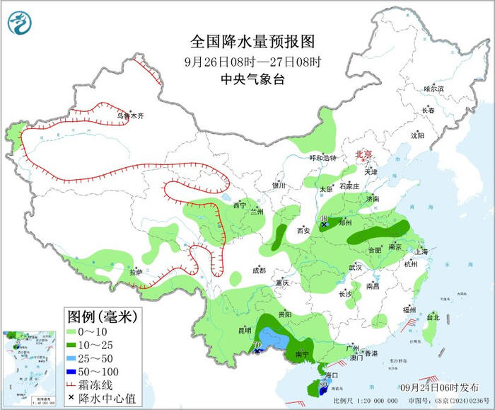 图5 全国降水量预报图（9月26日08时-27日08时）