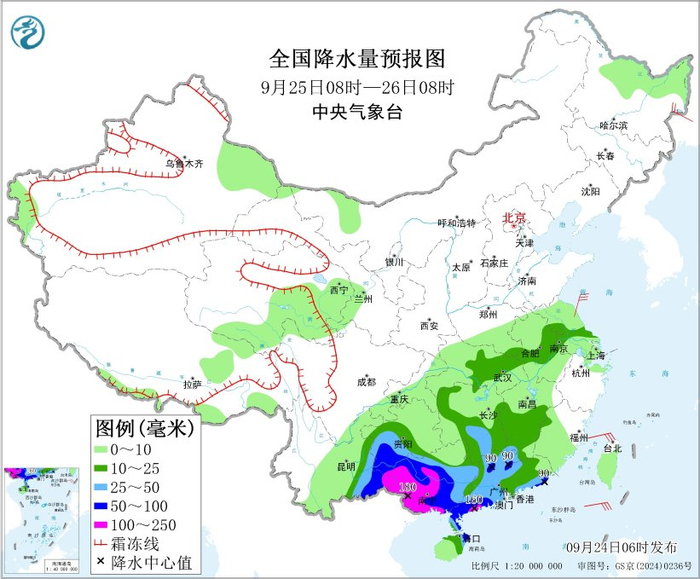 图4 全国降水量预报图（9月25日08时-26日08时）