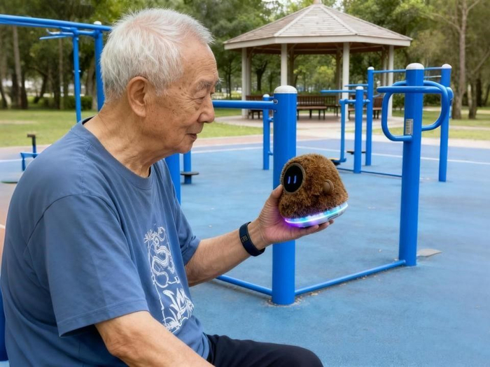 图为老人在使用小智AI“毛绒玩具”